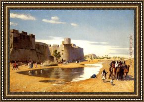Town Square Framed Paintings - An Arab Caravan outside a Fortified Town, Egypt by Jean-Leon Gerome