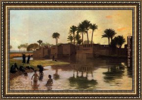 Bathers Framed Paintings - Bathers by the Edge of a River by Jean-Leon Gerome