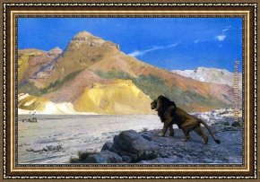 Cliffs Framed Paintings - Lion on a Cliff by Jean-Leon Gerome