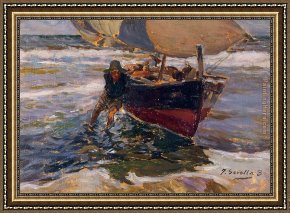 The Red Boats Argenteuil Framed Paintings - Beaching the Boat (study) by Joaquin Sorolla y Bastida