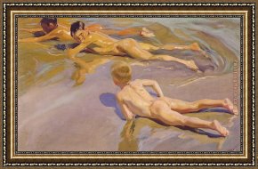 Four Children with a Basket of Fruit Framed Paintings - Children on the Beach by Joaquin Sorolla y Bastida