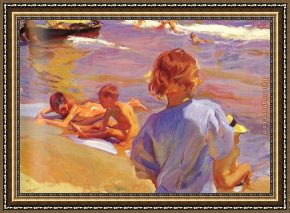 Valencia Framed Paintings - Children on the Beach Valencia by Joaquin Sorolla y Bastida