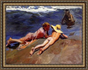 Valencia Framed Paintings - On the Sand Valencia Beach by Joaquin Sorolla y Bastida