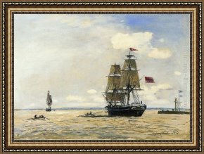 Port, Framed Paintings - Norwegian Naval Ship Leaving the Port of Honfleur by Johan Barthold Jongkind