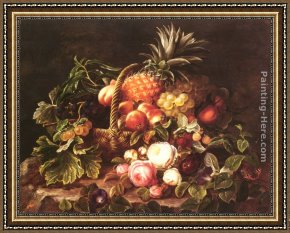 Four Children with a Basket of Fruit Framed Paintings - A Still Life Of A Basket Of Fruit And Roses by Johan Laurentz Jensen