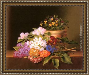 Lilac Framed Paintings - Apple Blossoms, Lilac, Violas, Cornflowers and Primroses on a Ledge by Johan Laurentz Jensen