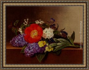 Lilac Framed Paintings - Lilacs, Violets, Pansies, Hawthorn Cuttings, And Peonies On A Marble Ledge by Johan Laurentz Jensen