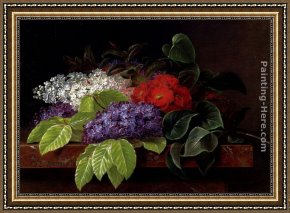 Lilac Framed Paintings - White and purple Lilacs, Camellia and Beech Leaves on a marble Ledge by Johan Laurentz Jensen
