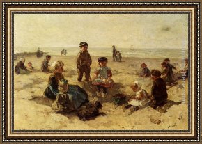 Children on The Beach Framed Paintings - Children Playing On The Beach by Johannes Evert Akkeringa