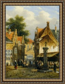 Town Square Framed Paintings - Market in a Town Square by Johannes Franciscus Spohler