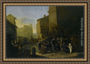 A Peasant Family Gathered Around The Kitchen Table Framed Paintings - A Roman Market Scene with Peasants Gathered around a Stove by Johannes Lingelbach