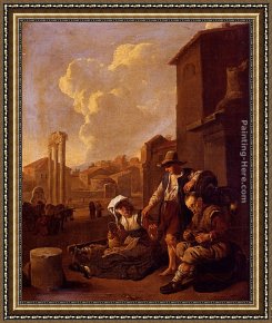 The Colosseum Rome Framed Paintings - Peasant Family Having Bread And Wine, The Campo Vaccino, Rome, Beyond by Johannes Lingelbach