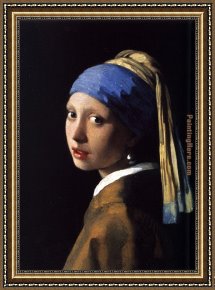 Girl with Red Hair Framed Paintings - Girl with a Pearl Earring by Johannes Vermeer