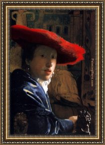 Girl with Red Hair Framed Paintings - Girl with a Red Hat by Johannes Vermeer