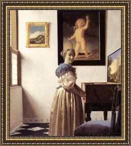 The Lady of Shalott Framed Paintings - Lady Standing at a Virginal by Johannes Vermeer