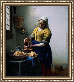 A Peasant Family Gathered Around The Kitchen Table Framed Paintings - The Kitchen Maid by Johannes Vermeer