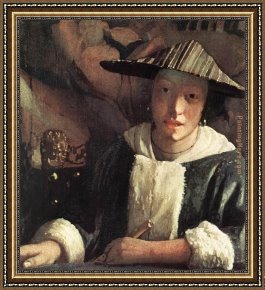 Young Girl Defending Herself Against Cupid Framed Paintings - Young Girl with a Flute by Johannes Vermeer