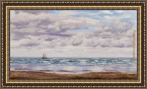Welsh Coast Framed Paintings - Gathering Clouds, A Fishing Boat Off The Coast by John Brett