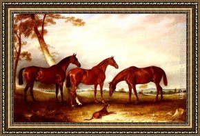 A Dog And Her Puppies Framed Paintings - Marvel, KingFisher And The Lad, Three Hunters Belonging To William Angerstein, In A Field With His Dog Spring by John Ferneley Snr