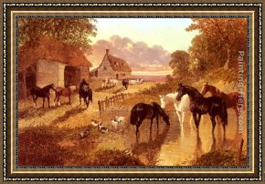 24 Hours at Lemans Framed Paintings - The Evening Hour - Horses And Cattle By A Stream At Sunset by John Frederick Herring Snr