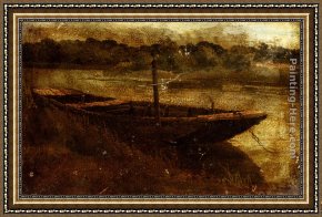 Punt Framed Paintings - Study Of A Punt Moored At Twickenham by John Linnell