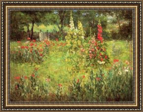 Adams Framed Paintings - Hollyhocks and Poppies The Hermitage by John Ottis Adams