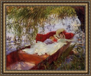 Women Framed Paintings - Two Women Asleep in a Punt under the Willows by John Singer Sargent