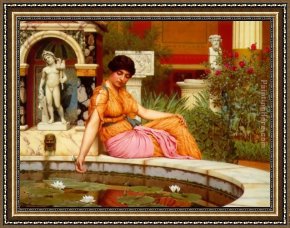 Quiet Pond Framed Paintings - A Lily Pond by John William Godward