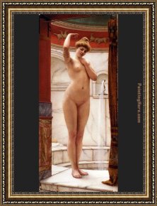 El Bano Del Caballo [the Horse's Bath] Framed Paintings - A Pompeian Bath by John William Godward
