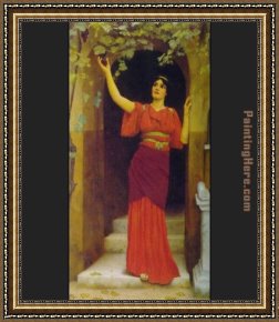 Young Girl Defending Herself Against Cupid Framed Paintings - Young Girl Picking Grapes by John William Godward