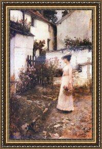 Golding Constable's Flower Garden Framed Paintings - Gathering Summer Flowers in a Devonshire Garden by John William Waterhouse