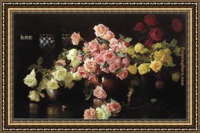 Alexandre-gabriel Decamps Framed Paintings - Roses by Joseph DeCamp