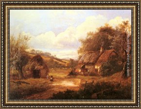 Landscape with Figure Framed Paintings - Landscape with figures outside a thatched cottage by Joseph Thors