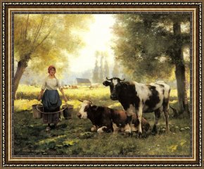 Julien Framed Paintings - A Milkmaid with her Cows on a Summer Day by Julien Dupre