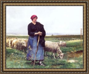 Julien Framed Paintings - A Shepherdess with her flock by Julien Dupre