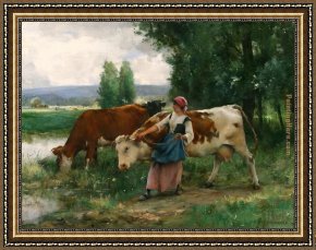 Julien Framed Paintings - Femme et vaches par l'eau by Julien Dupre