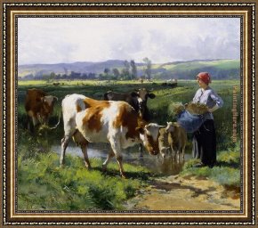 Julien Framed Paintings - Milkmaid with Cows by Julien Dupre
