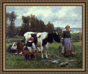Julien Framed Paintings - Milkmaids in the Field by Julien Dupre