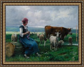 Julien Framed Paintings - Shepherdess with Goat Sheep and Cow by Julien Dupre