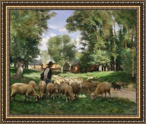 Julien Framed Paintings - Un Berger et son Troupeau by Julien Dupre