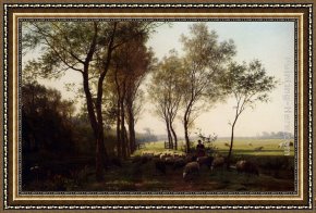 A Shepherdess with Her Flock Framed Paintings - A Shepherdess And Her Flock On A Country Lane by Julius Jacobus Van De Sande Bakhuyzen
