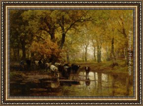 Quiet Pond Framed Paintings - Watering Cows in a Pond by Julius Jacobus Van De Sande Bakhuyzen