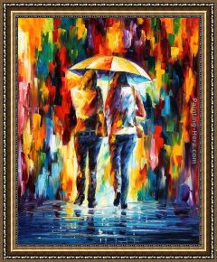 Friends Framed Paintings - FRIENDS UNDER THE RAIN by Leonid Afremov