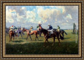 Kentucky Derby Framed Paintings - Lord Woolavington's Montrose And Lord Derby's Highlander At The Start Of The Free Handicap At Newmarket, April 6, 1933 by Lionel Edwards