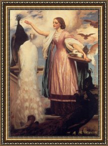 Leighton Flaming June Framed Paintings - A Girl Feeding Peacocks by Lord Frederick Leighton