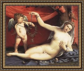 Cupid And Psyche As Children Framed Paintings - Venus and Cupid by Lorenzo Lotto