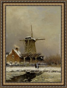 Landscape with Figure Framed Paintings - Figures by a windmill in a snow covered landscape by Louis Apol