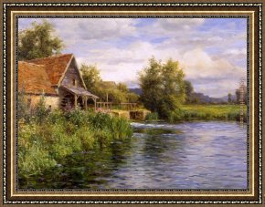 Cottage Stream Framed Paintings - Cottage by the River by Louis Aston Knight