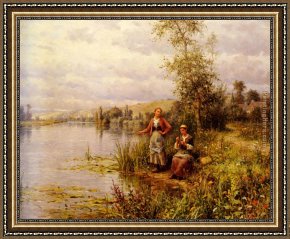 An Afternoon Ride Framed Paintings - Country Women Fishing on a Summer Afternoon by Louis Aston Knight