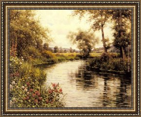 River of Dreams Framed Paintings - Flowers in Bloom by a River by Louis Aston Knight
